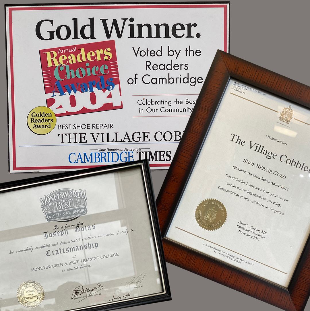The Village Cobblers various awards for shoe repair including cambridge times awards