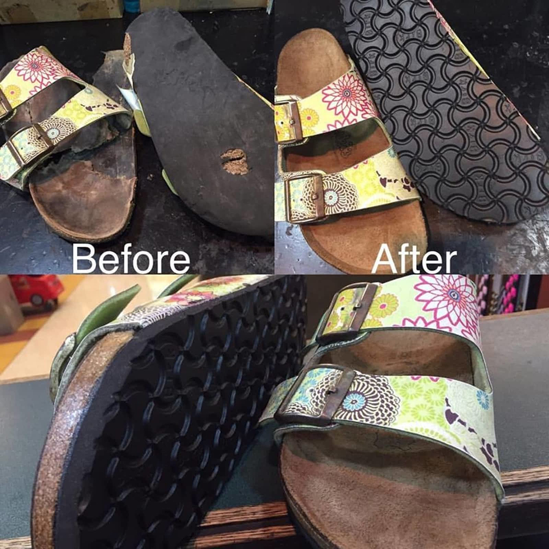The Village Cobbler image showcasing a before and after image of Birkenstock repair