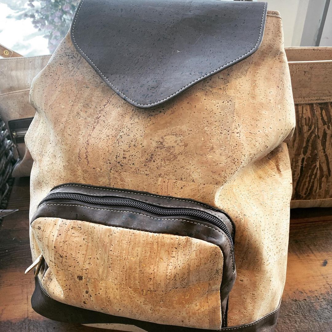 Image of a cork bag that is being sold by the village cobbler