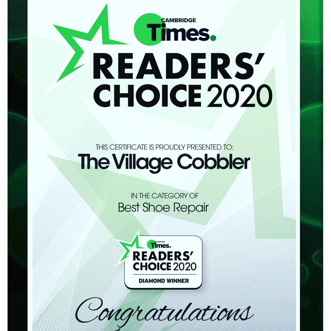 Cambridge readers choice award 2020 image award for #1 shoe repair company