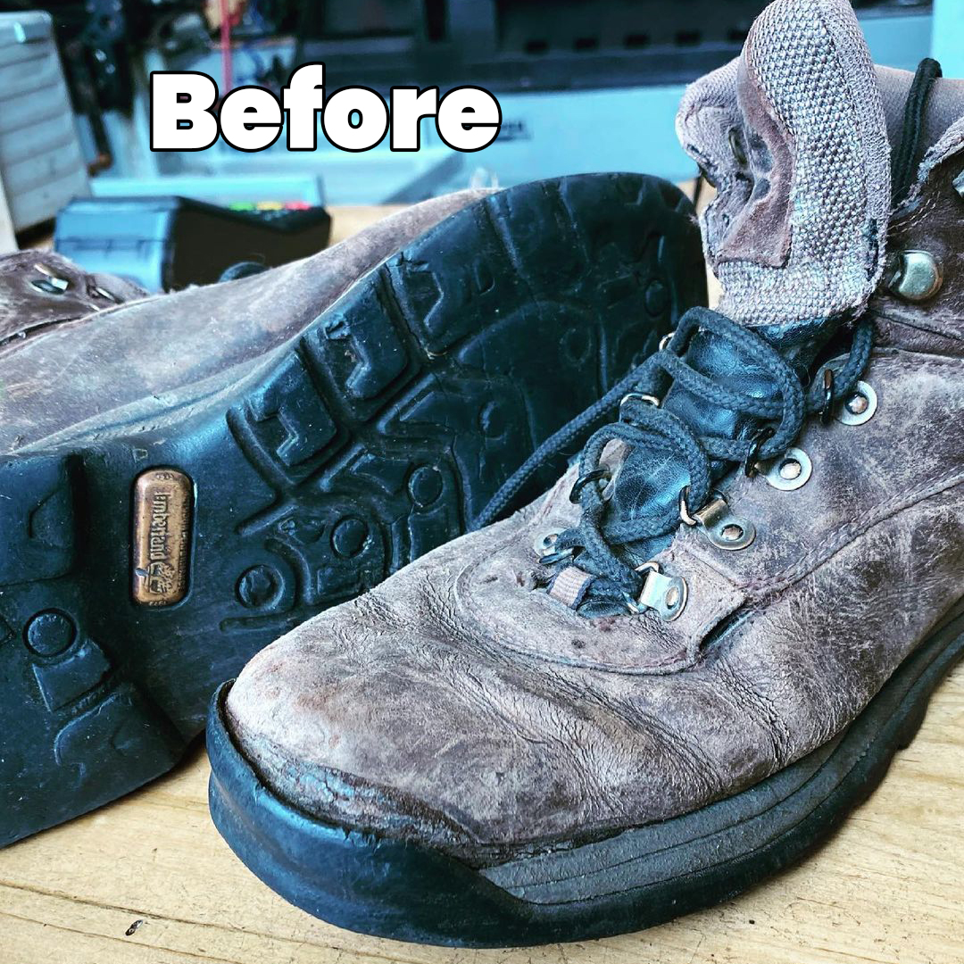 The Village Cobblers Timerland leather and sole repair using Vibram soles